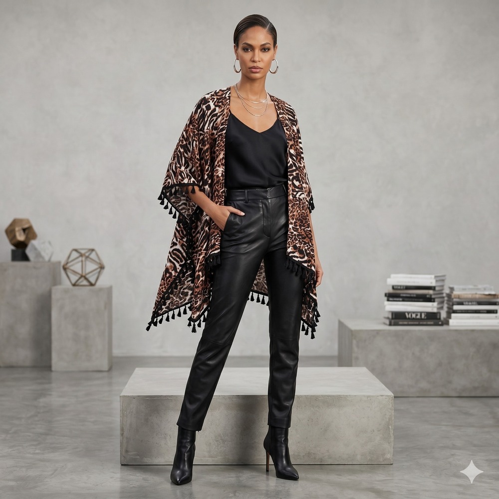 Bobbie Brooks Women Animal Print Cotton Kimono Cardigan Tassel Fringe One Size